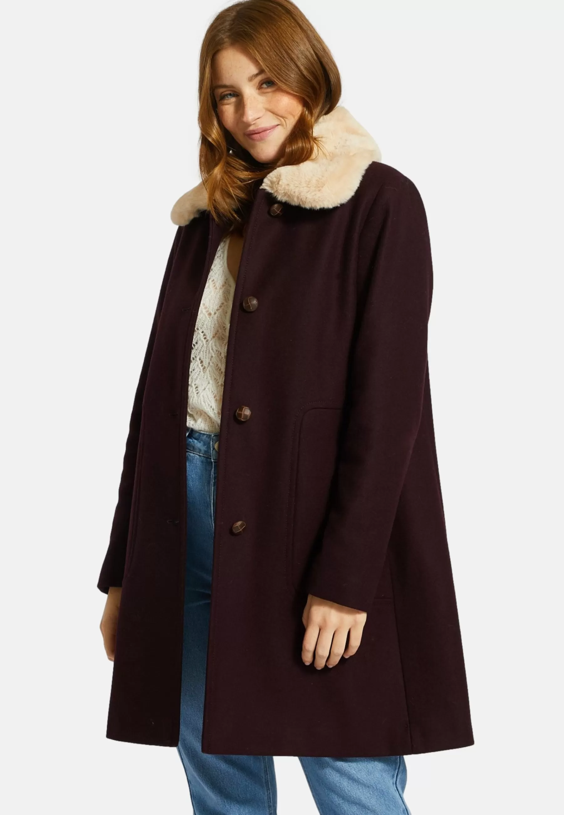 Femme Monoprix Boutonne Col Amovible Contenant De - Manteau Classique