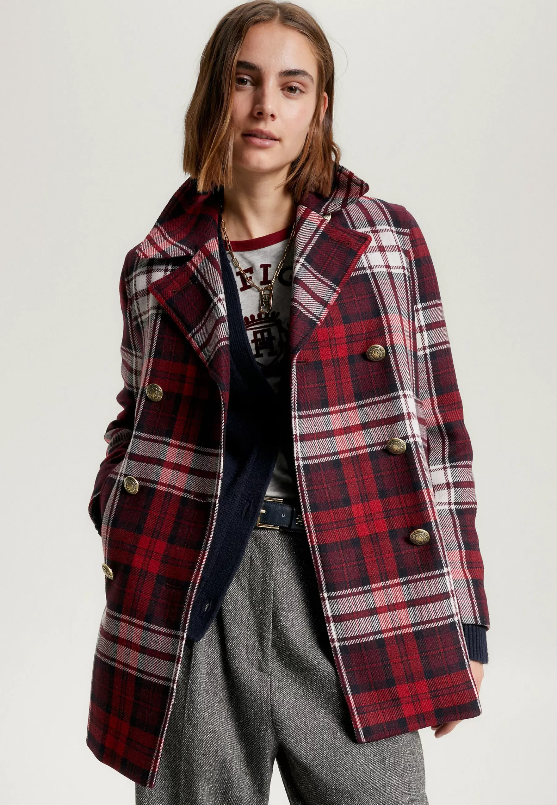 Prep Tartan Check Double Breasted Pea - Manteau Court | Tommy Hilfiger Fashion