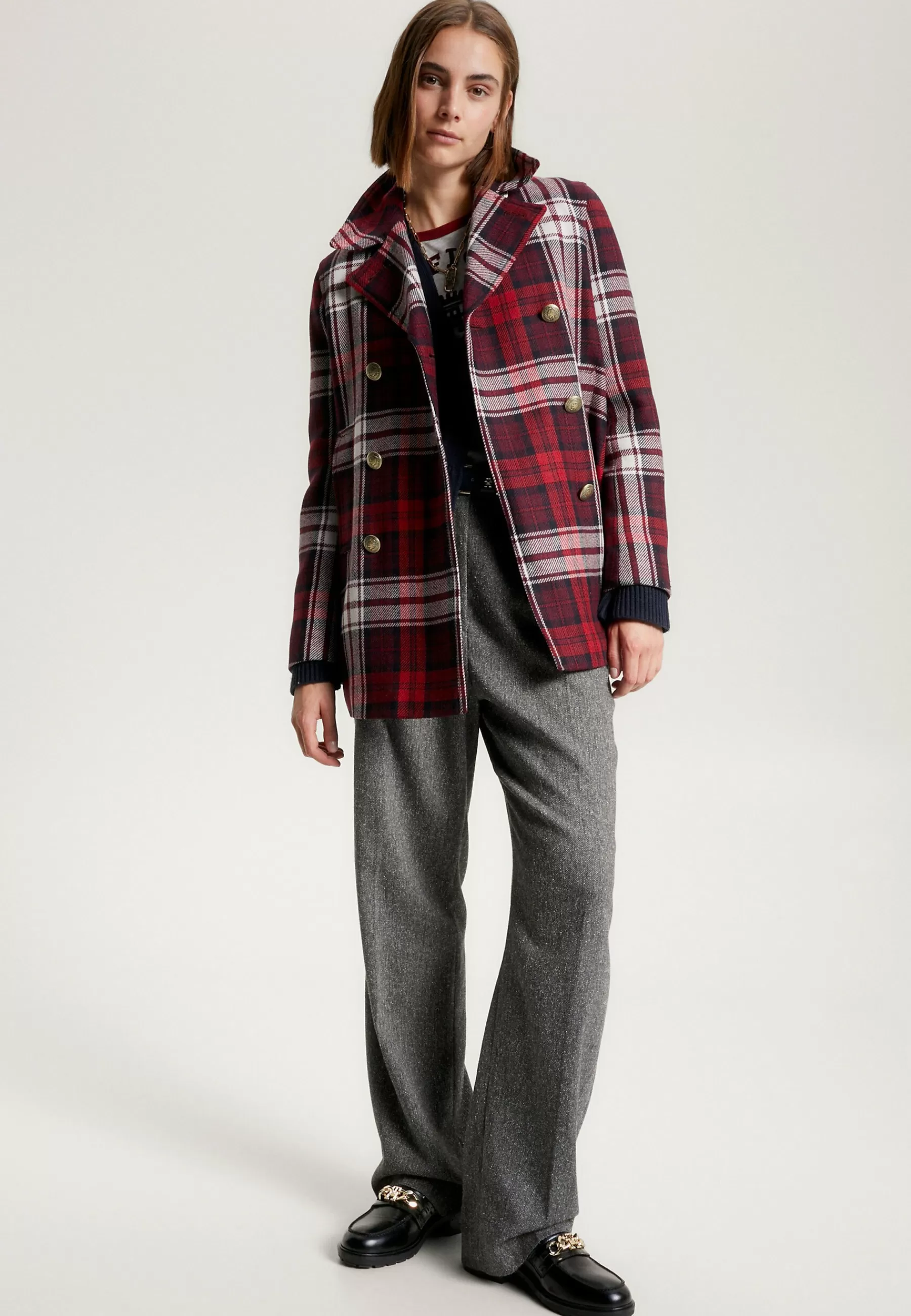 Prep Tartan Check Double Breasted Pea - Manteau Court | Tommy Hilfiger Fashion