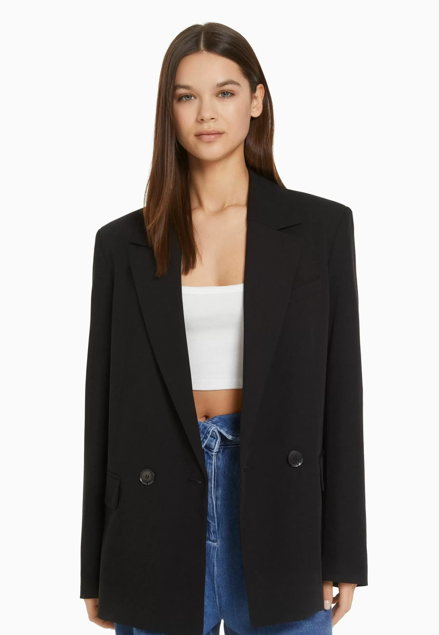 Regular­Fit Tailored - Feminine-Cut Double-Breasted - Manteau Court | Bershka New