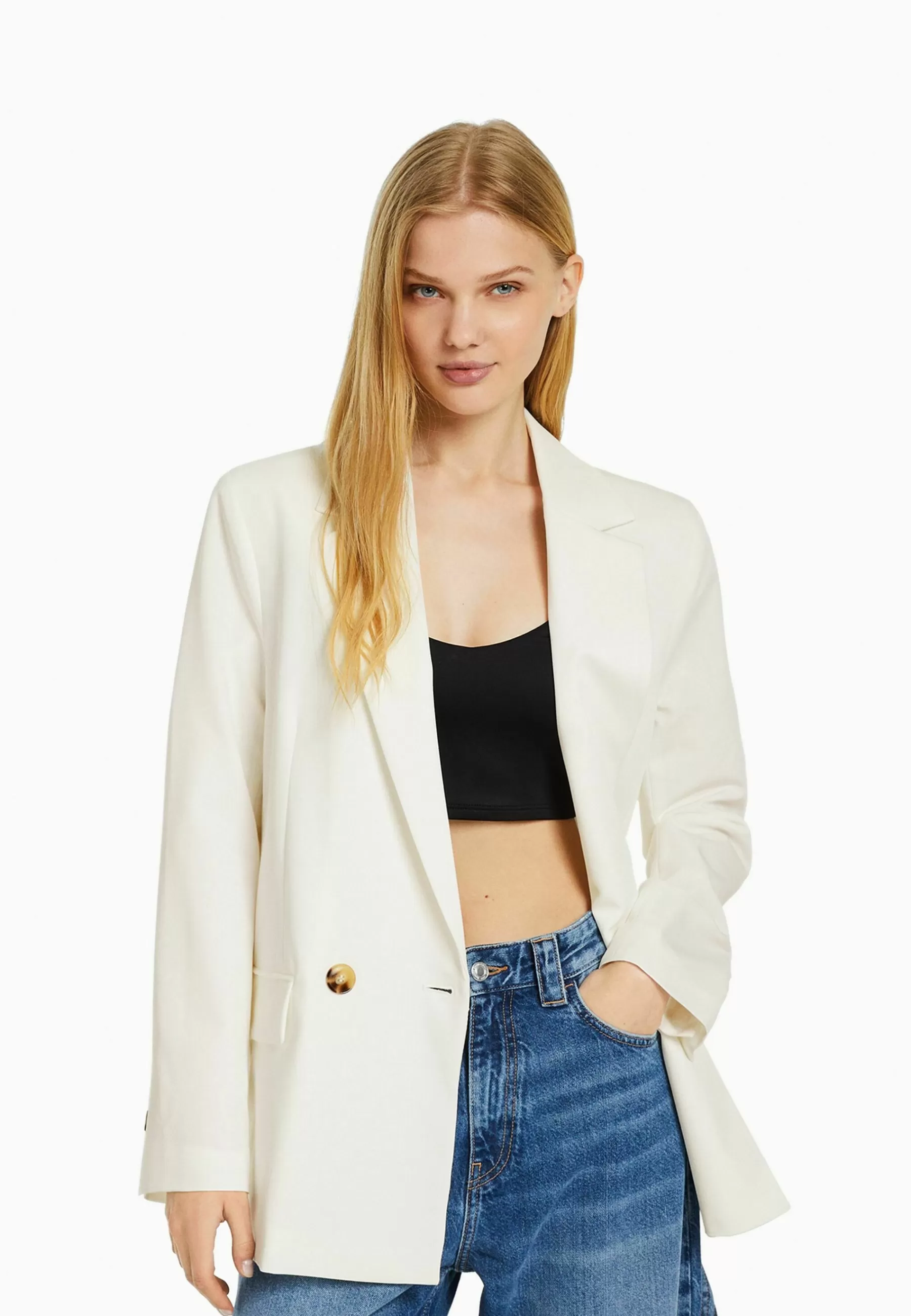 Regular­Fit Tailored - Feminine-Cut Double-Breasted - Manteau Court | Bershka Clearance