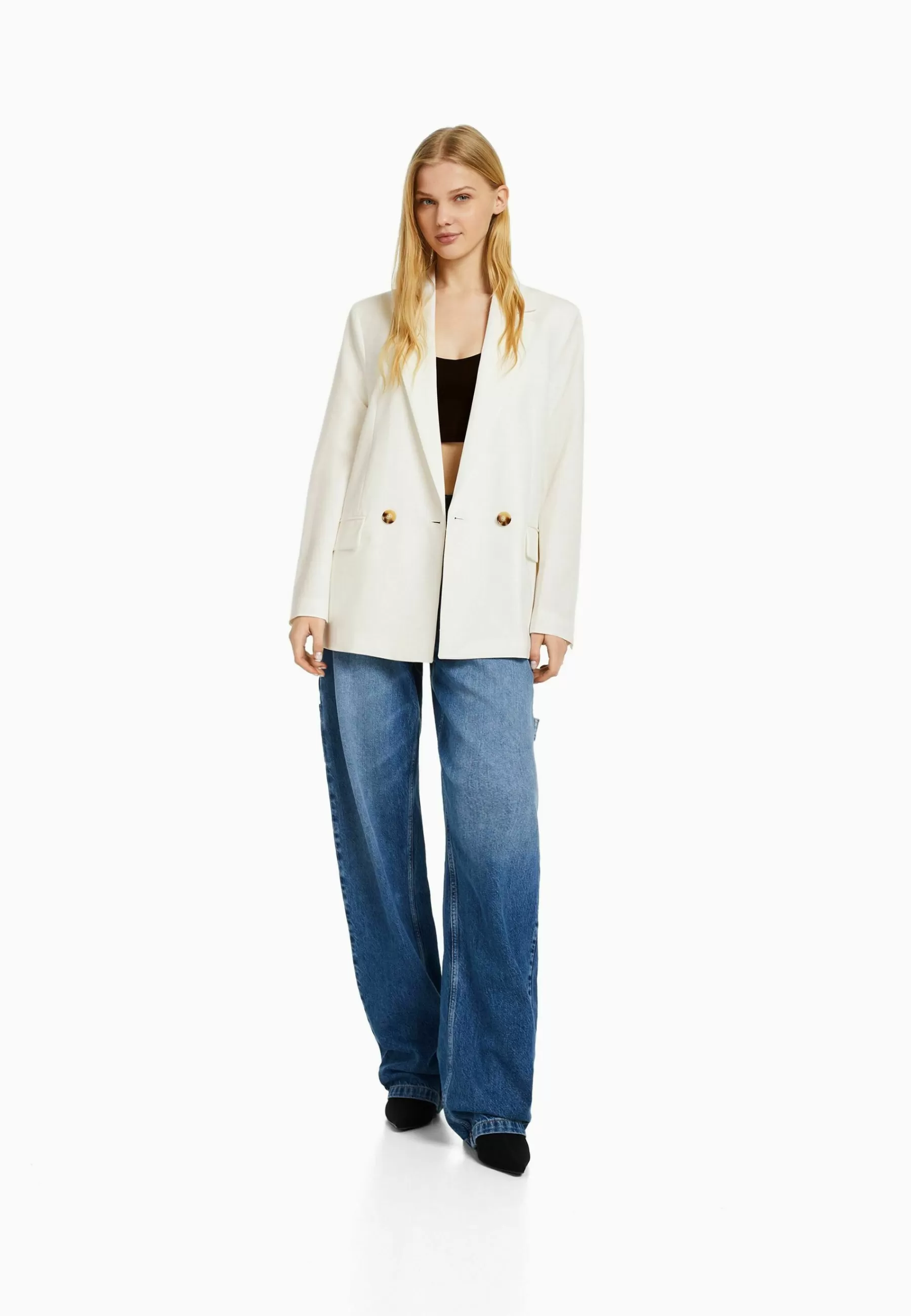 Regular­Fit Tailored - Feminine-Cut Double-Breasted - Manteau Court | Bershka Clearance